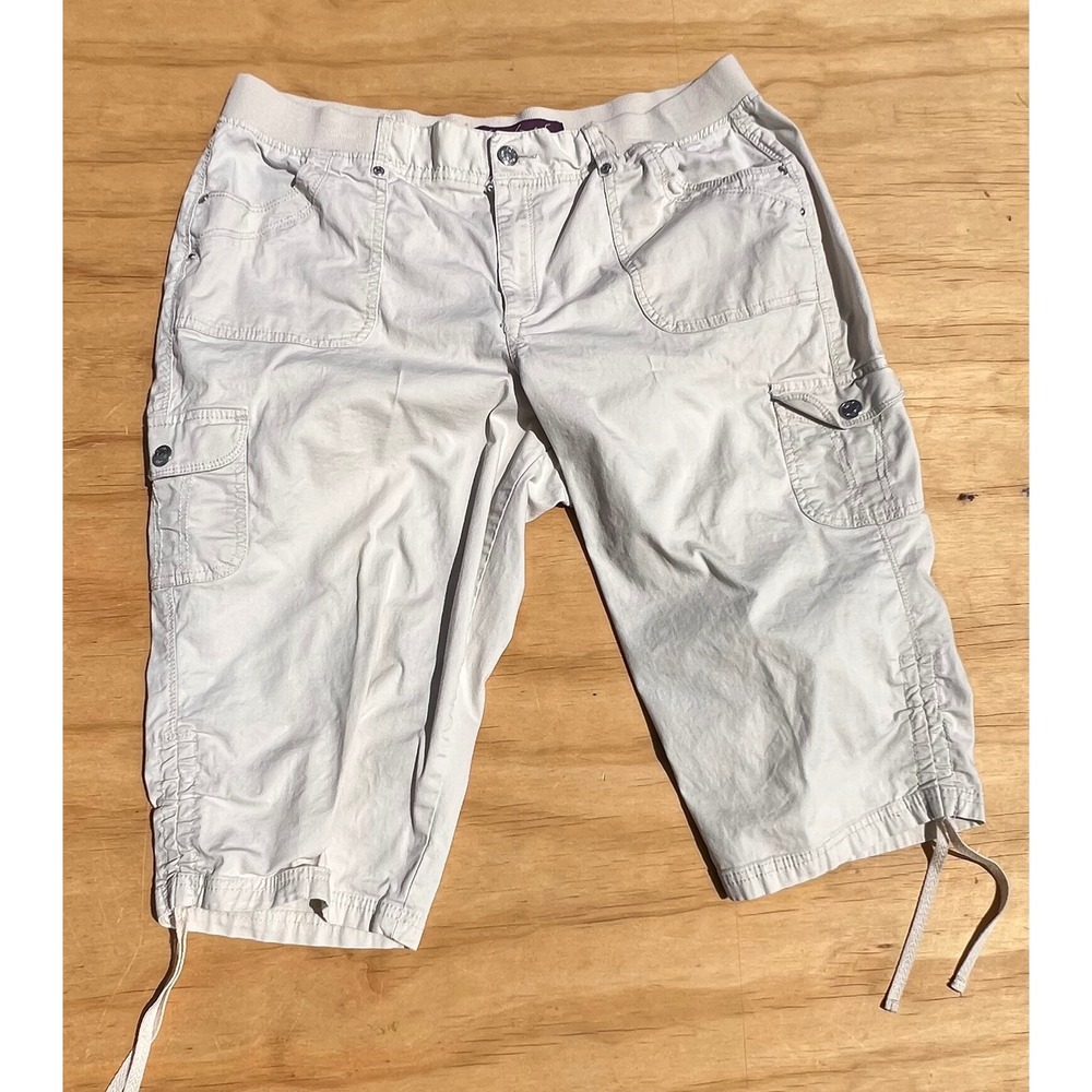 Gloria Vanderbilt Amanda Cargo Capri Pants Stone Beige Elastic Waist Womens 14